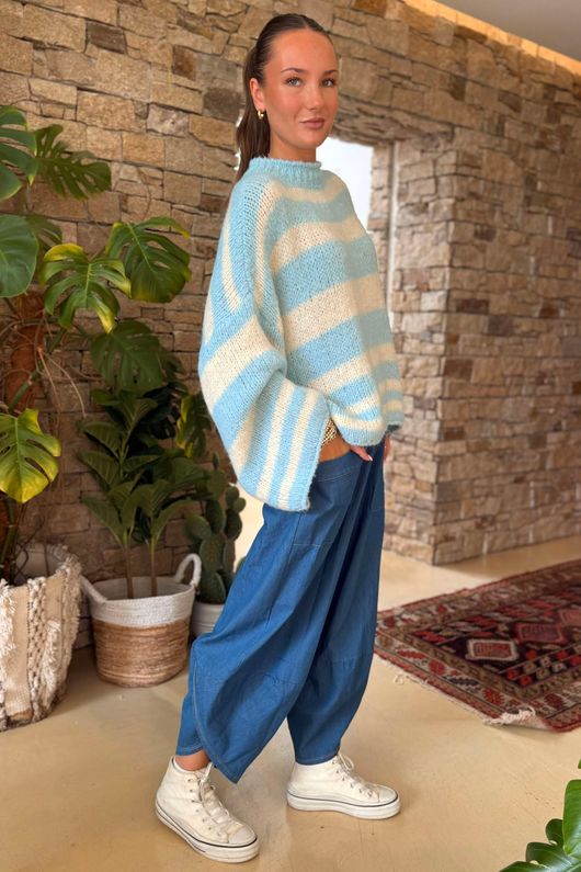 Made in Italy Big Softie Stripe Shortie Knit Baby Blue